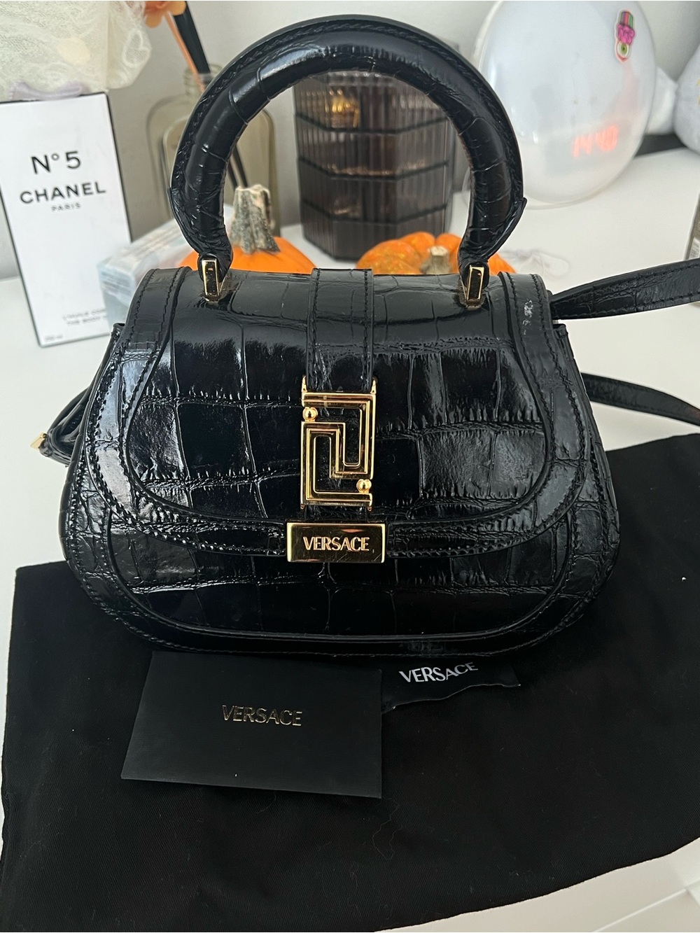 Versace Greca Black Croc-Embossed Top Handle Satchel with Gold Hardware